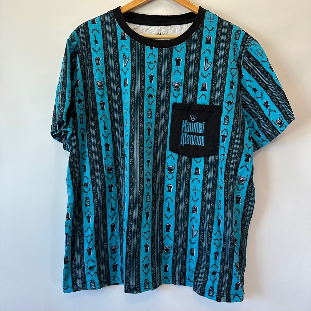 Disney Haunted‎ Mansion Unisex XL Pocket Tee Blue Black Pink Details Striped